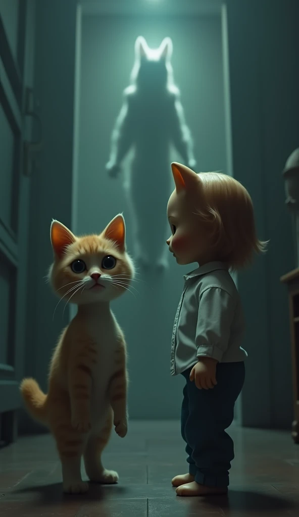 Suddenly, the doll’s head turns, and the shadowy figure of a ghostly cat appears behind the orange cat.who is wearing white shirt and blue pant