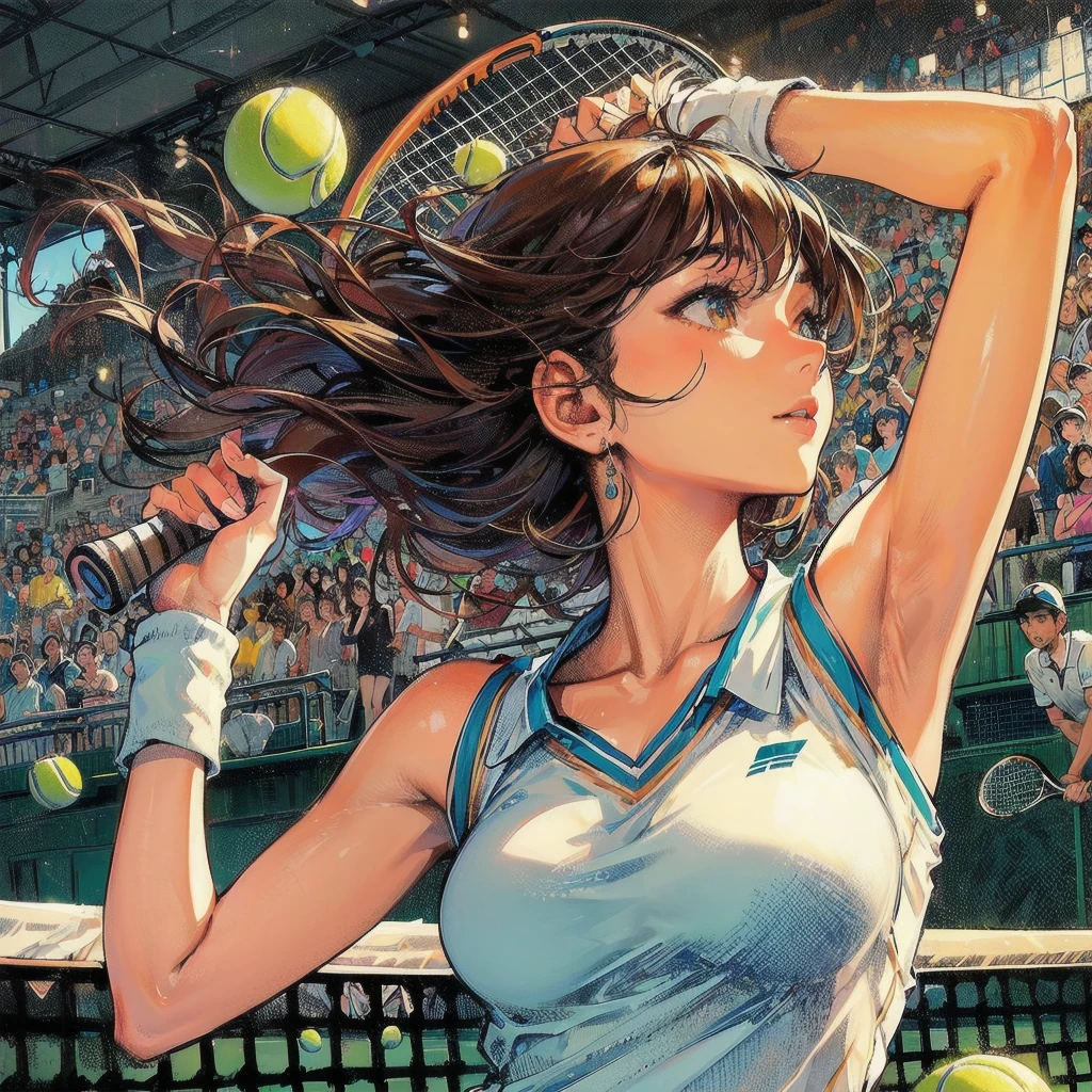  masterpiece, (textured skin), best quality, gorgeous beautiful girl, (a female tennis athlete), detailed clothes,large breasts,narrow waist,, (beautiful face), cinematic lighting, (at tennis venue ),