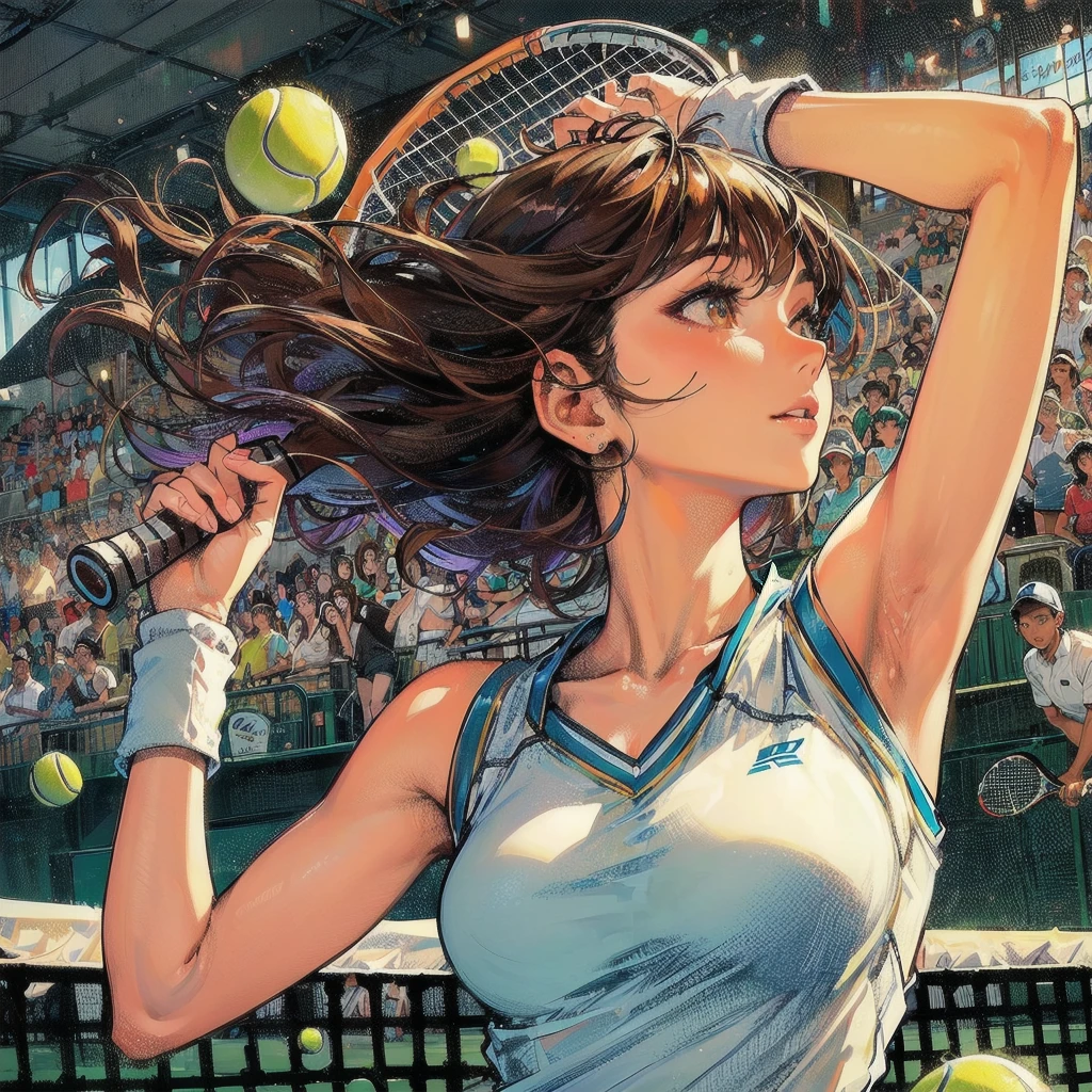 masterpiece, (textured skin), best quality, gorgeous beautiful girl, (a female tennis athlete), detailed clothes,large breasts,narrow waist,, (beautiful face), cinematic lighting, (at tennis venue ),