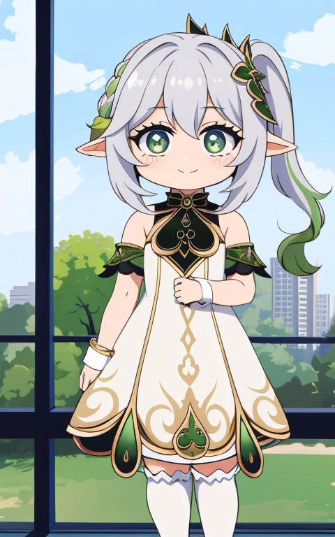 fullcg,Best quality,highest quality, 8k,Soft lighting, Confused, Looking at the audience, alone, smile, Knee socks,Nahida Genshin Impact | Character Lora 1283,((low length:1.5)),((chibi:1.5)),((little child girl)),1girl,difficult,cowboy shot,Beautiful cityscape,(standing:1.6),(Front facing:1.5),pretty made costume,
