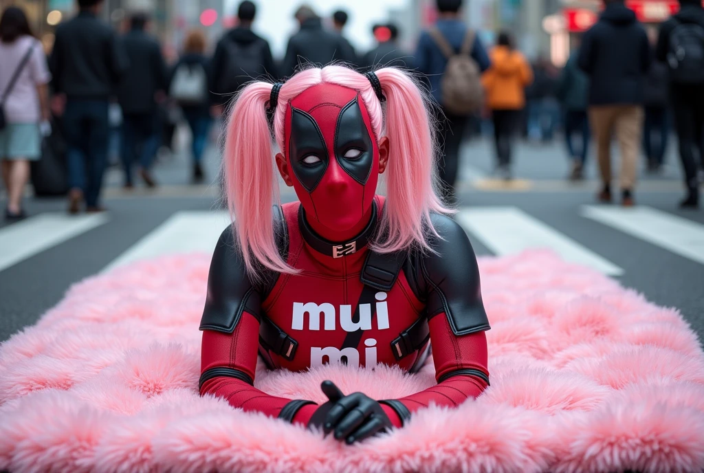 ((Highest quality)), ((masterpiece)), (photograph), ((Japanese women)), ((Deadpool costume and mask)), (((On his chest, he has the word &quot;mu mi&quot; written in white letters.))), Deadpool woman with pink hair and twin tails, Lying on a fluffy pink bath mat at Tokyo&#39;s Scramble Crossing, Surrounded by passers-by。