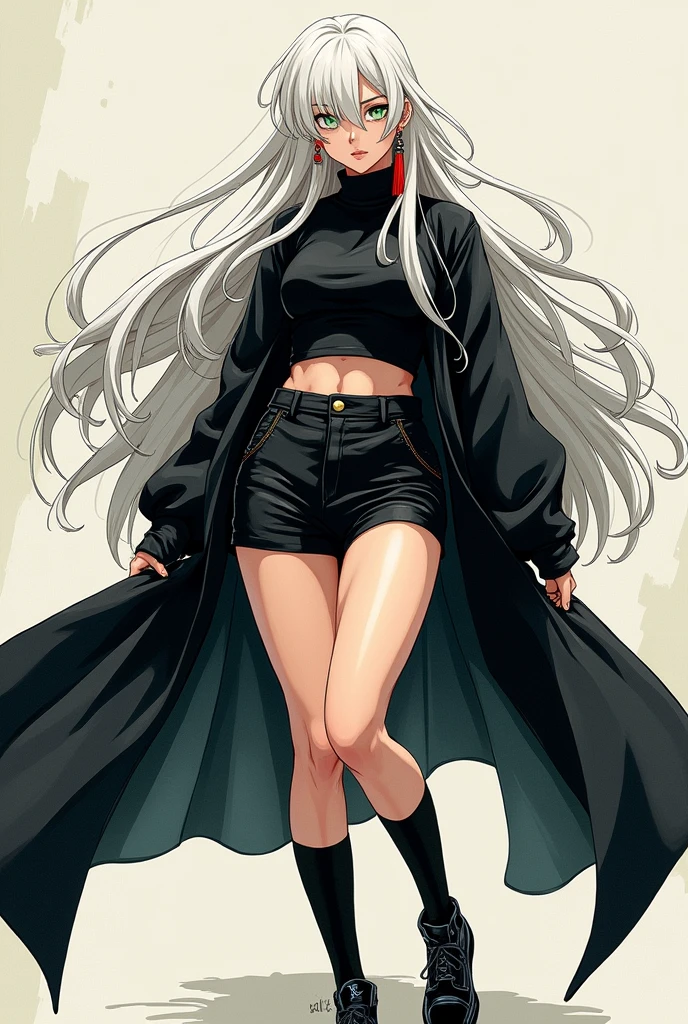 Manga woman 2 long white hair light green eyes no hair on the forehead. Dressed in black turtleneck black skirt shorts black boots and black high socks with a long open kimono a badass look with a single long red earring 