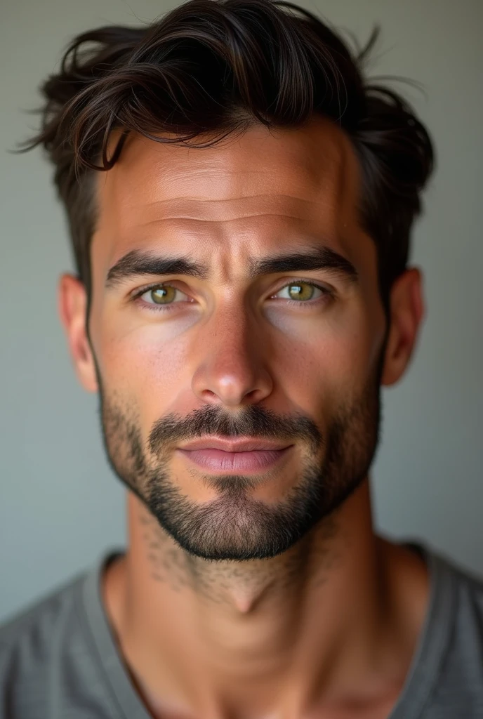 (Photorealism:1.2), (Photorealism:1.2), handsome tanned guy, cheveux noirs courts, with green eyes and beard, 35 ans