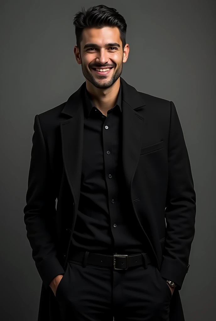 a guy in a black overcoat, Bblack hair, standing, looking and smiling at the camera
