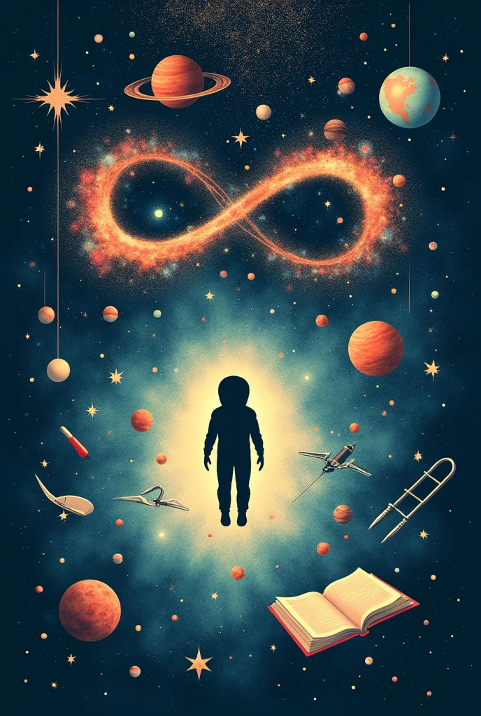 A stylized figure, representing an explorer or an astronaut, floats in a vast cosmic space. Ao redor dele, there are planets, stele, open books, tools, and icons from different areas such as science, artistry, tecnology, and nature. No fundo, a spiral that resembles the infinity symbol, but made of nebulae and galaxies, highlights the idea that curiosity is eternal and without borders. the name "Curious Infinite" may be inserted in the space, como se estivesse brilhando junto com as stele