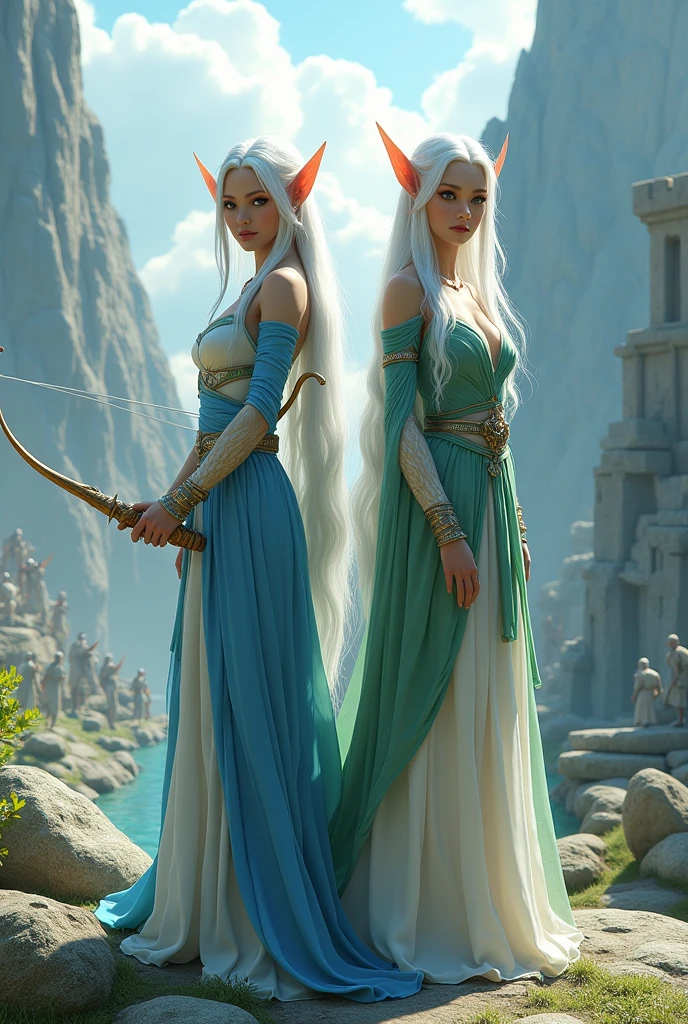 Full body portrait. A very beautiful, white-haired adult female elf wearing a blue and white outfit while carrying a bow. And a very beautiful white-haired adult female elf wearing green and white clothes. In the background they see an army of elves practicing from the edge of a cliff full of castle ruins. This scene is a very detailed and professional 3D digital art. Game art. 64k resolution