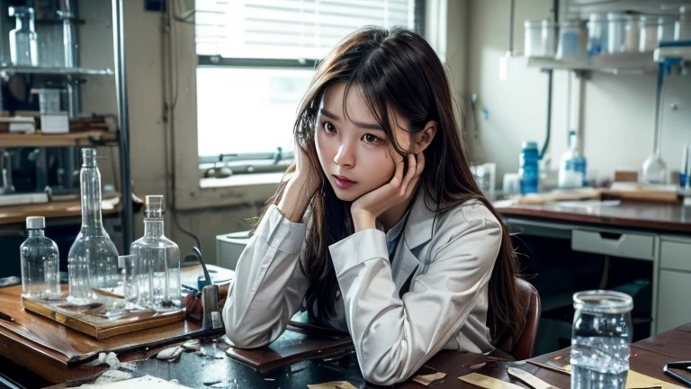 Beautiful female scientist、Sharp look、A messy, dark laboratory、(((On the desk in front of the woman、Numerous documents and laboratory equipment are scattered about in a disarray.)))、I like alcohol、Drink Scotch、She is engrossed in her research while clutching her hair.、Realistic photo、Cinematic lighting
