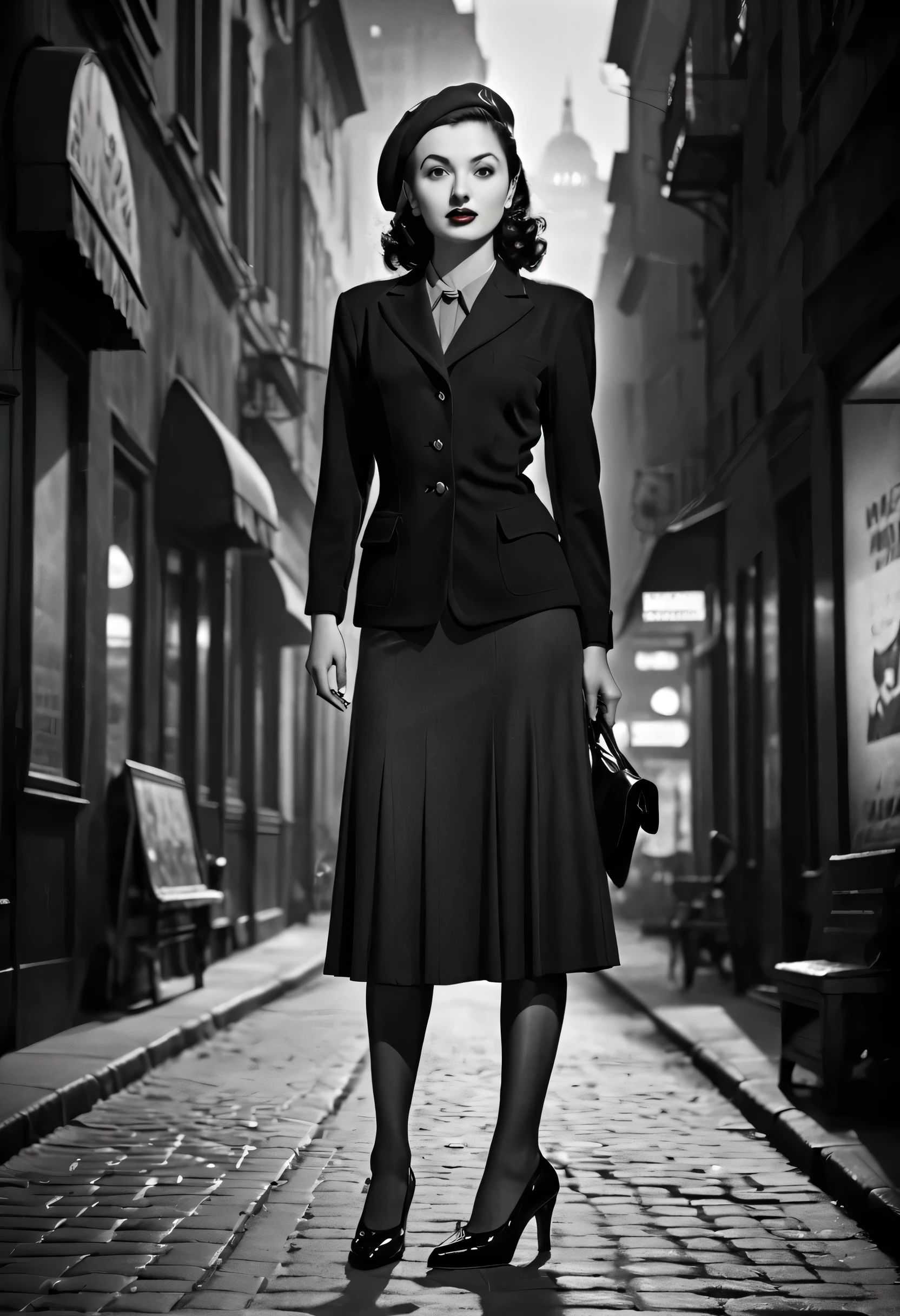 film noir 1944, 1940s style,(monochrome).(Rule of thirds),((hyperrealistic illustration:1.4)) Beautiful 2 woman, brunette, Fashion of the 1940s, mascara, pomade, slim. gives, Blazer, blouse, long skirt, tights, high heels. gloomy mood, One light source, wide angle shot, Dark City, granularity. masterpiece, Best quality(very detailed:1.2),(detailed face and eyes:1.2), depth of field, 8k wallpaper, daylight, Basic shadows, high contrast, hips.