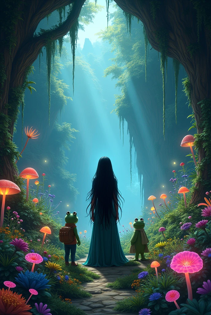 Inside a cave, a magical garden is shown with vibrant, colorful plants growing. A witch with long black hair stands in front, smiling as she asks Margo and Froggy a riddle."