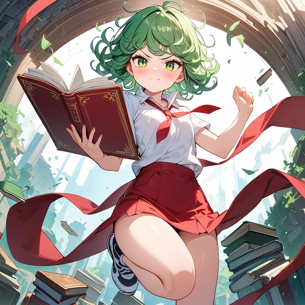 (high res, 8K, masterpiece, looking at viewer, best quality, very aesthetic, ultra detailed, ultra background, ultra Eyes) intricate details, 1girl, Tatsumaki, White short sleeve shirt, Pockets on the left side of the chest, Red short skirt, Red short tie, Black White Sneaker Shoes, Green Short hair, Green Eyes, Floating, Floating book, Cheeks Flushed, Angry Face, Background Library, Cinematic Angle