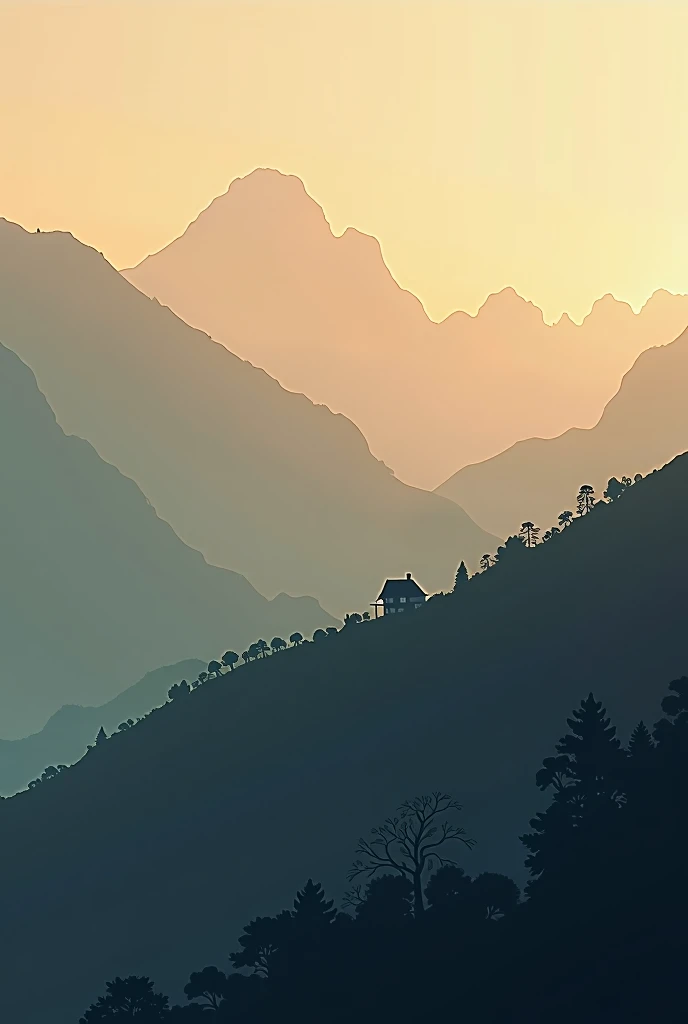 mountain views, susasa sunset, 3 layers of mountains covered in smog, there is 1 small house visible from the top, picture taken from above, realistic