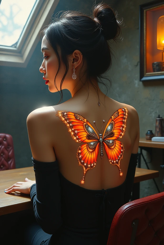 A modern realistic oil painting of a beautiful and elegant Asian woman in her 20s, with her back turned and her head resting gracefully on her shoulder. Her back is highlighted by a vibrant and intricately illuminated butterfly tattoo in orange, silver and gold, delicately studded with sparkling diamonds. The scene is a dystopian post-apocalyptic tattoo parlor, where soft light filters through a skylight and casts gentle shadows. The scene combines rugged industrial elements with mysterious sophistication and elegance, emphasizing beauty and resilience.