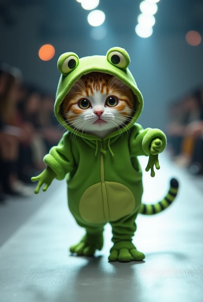 (photorealism:1.2), cute cat wearing frog suit
 walking on the runway 