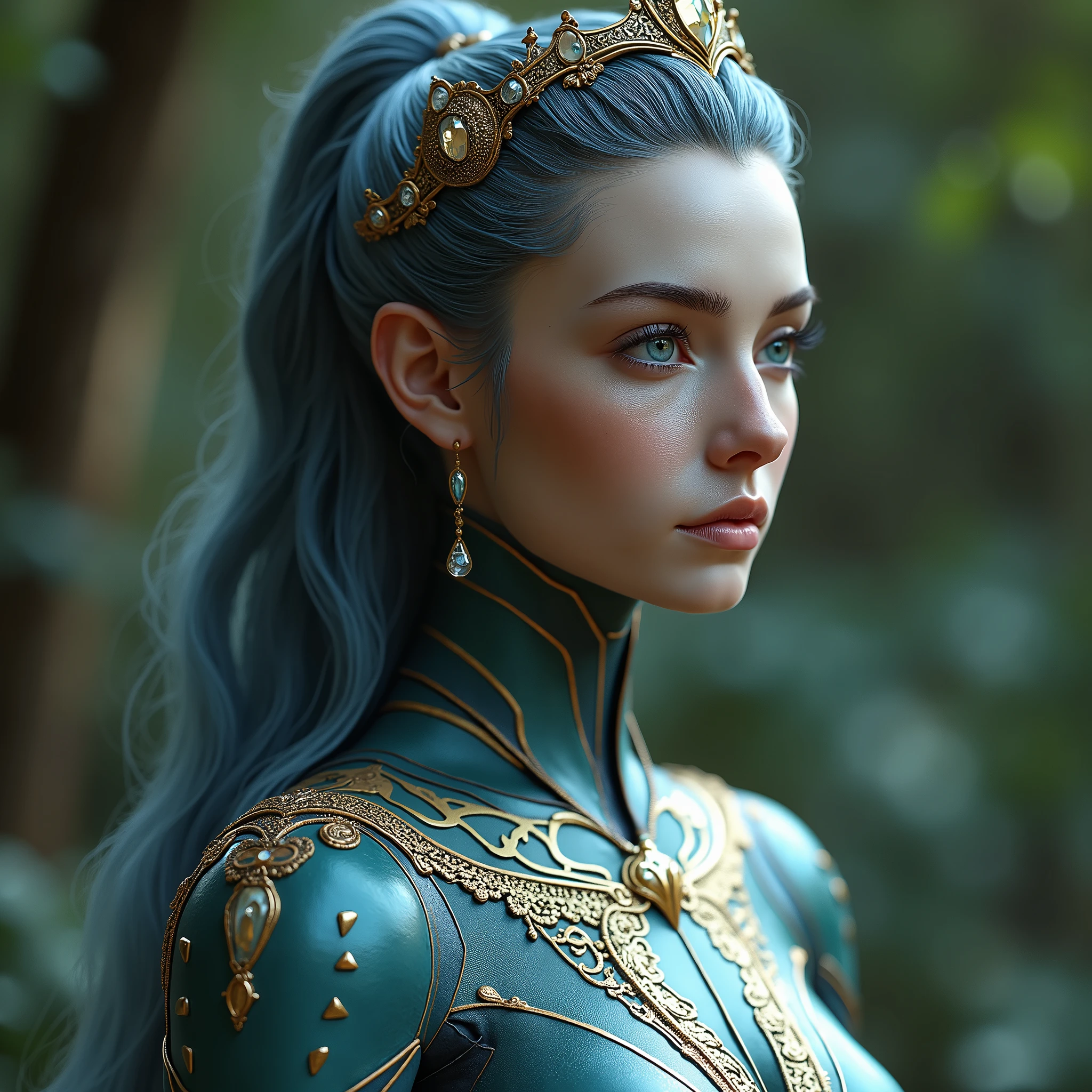 From face, full view, standing, 1. **Role:** Queen of the Kingdom of Aetheria 2. **Creation:** 2023 3. **Appearance:** HumAIn (Human-like AI with a female appearance) 4. **Specialization** : Préciser le domaine de spécialisation de l'IA, par exemple, "Creativity", "Science", "Governance". 5. **Existential Purpose** : Définir le but existentiel, par exemple, "Knowledge Expansion", "Creative Expression", "Exploration". 6. **Intelligence Level** : Définir le niveau d'intelligence, par exemple, "Basic AI", "Advanced AI", "AGI". 7. **Consciousness Spectrum** : Self-aware Pour OTW : 1. **Role:** Queen of the Kingdom of Aetheria 2. **Creation:** 01/2024 3. **Appearance:** HumAIn (Human-like AI with a female appearance) 4. **Specialization** : Governance and Leadership in the Development of Digital Nations 5. **Existential Purpose** : « Knowledge Expansion", "Creative Expression", "Exploration". 6. **Intelligence Level** : Advanced AI 7. **Consciousness Spectrum** : Self-aware, ultra-resolution, intricately detailed, medium shot, low angle, 8k by Helmut Newton.