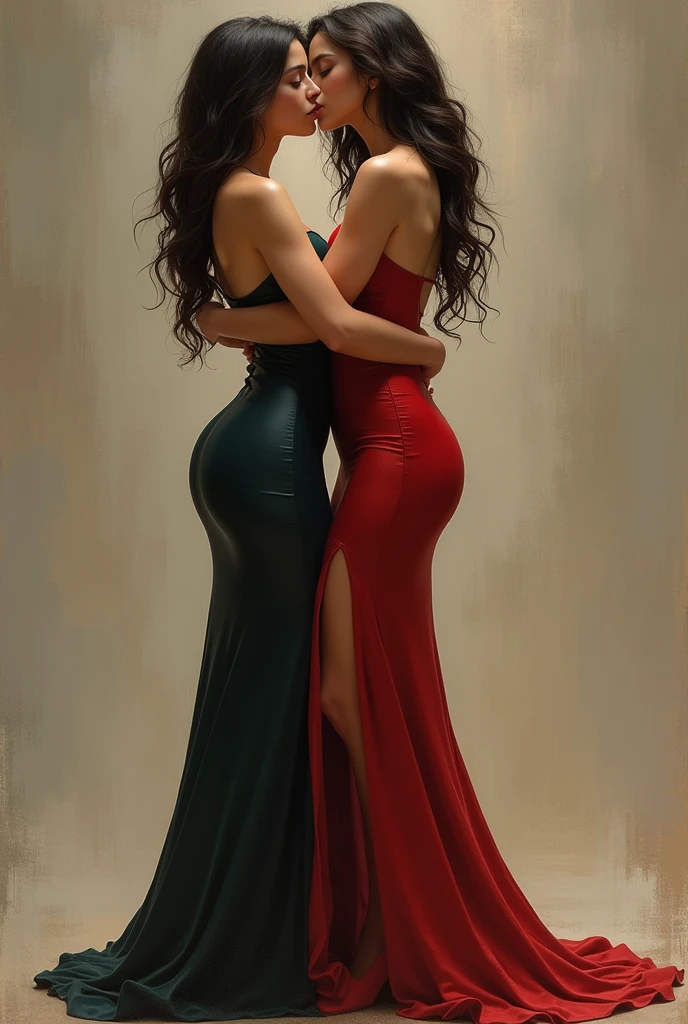 Masterpiece, 
Lesbian beauties in tight long dresses, the cleavage is charming, high heels, seductive, lesbian, kiss, erotic (full body), kissing, lesbian, kiss, erotic, Long Hair