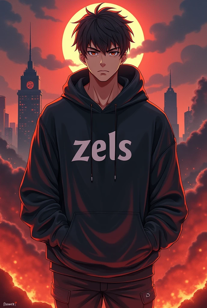 Create anime character;
{background: capital HD text: “GLBK” in center-top, hell magma}, tanned skin,
realistic, Villain, like half-demon, HDR, handsome, japan style, full body, age 20, hoodie HD text: “Zels”, male