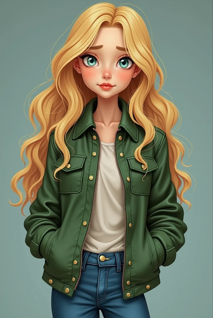 Girl, blonde, long wavy hair, brown eyes, GOOD LOOKS, happy expression, blue jacket, blue jeans, bangs pulled back (((white background)))