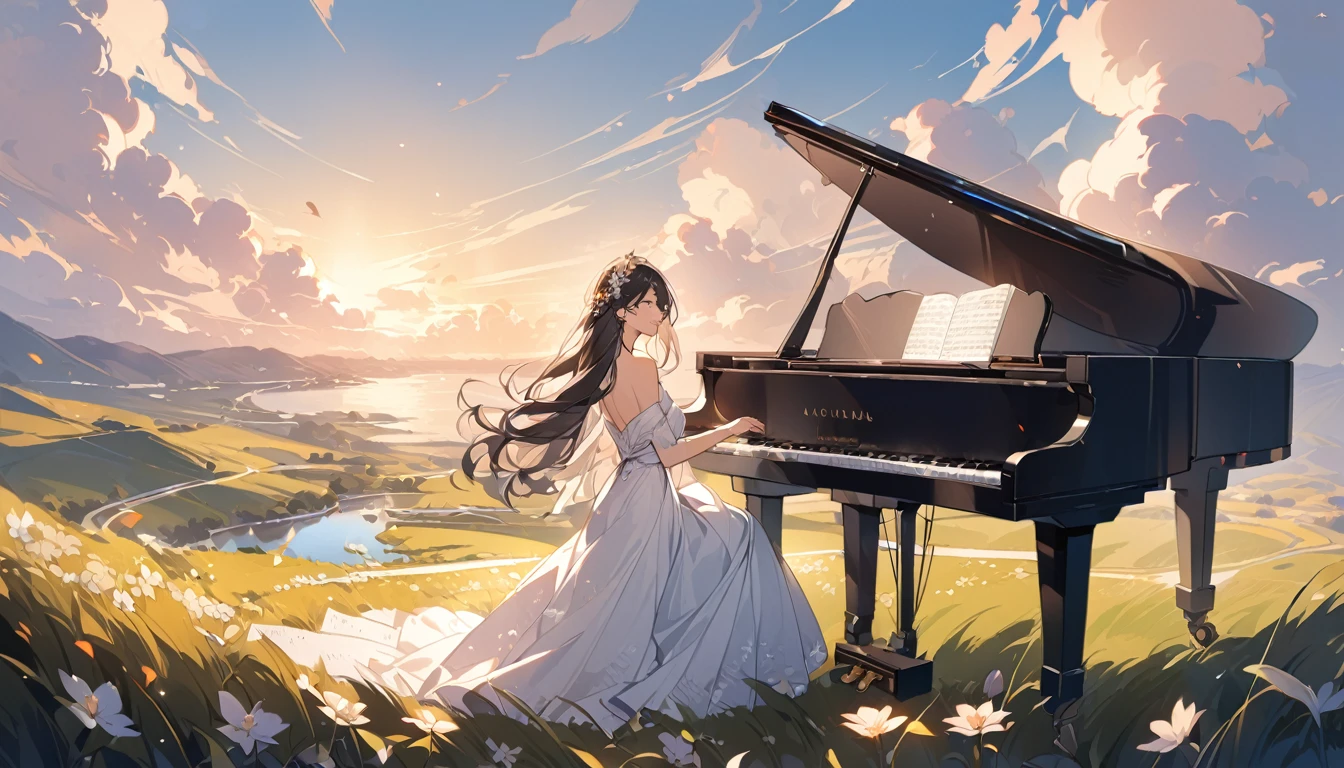 A landscape that complements piano music,a girl in her twenties,graceful,