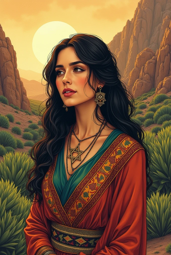 A Sephardic woman in a Moroccan landscape with a Star of David necklace around her neck. drawn