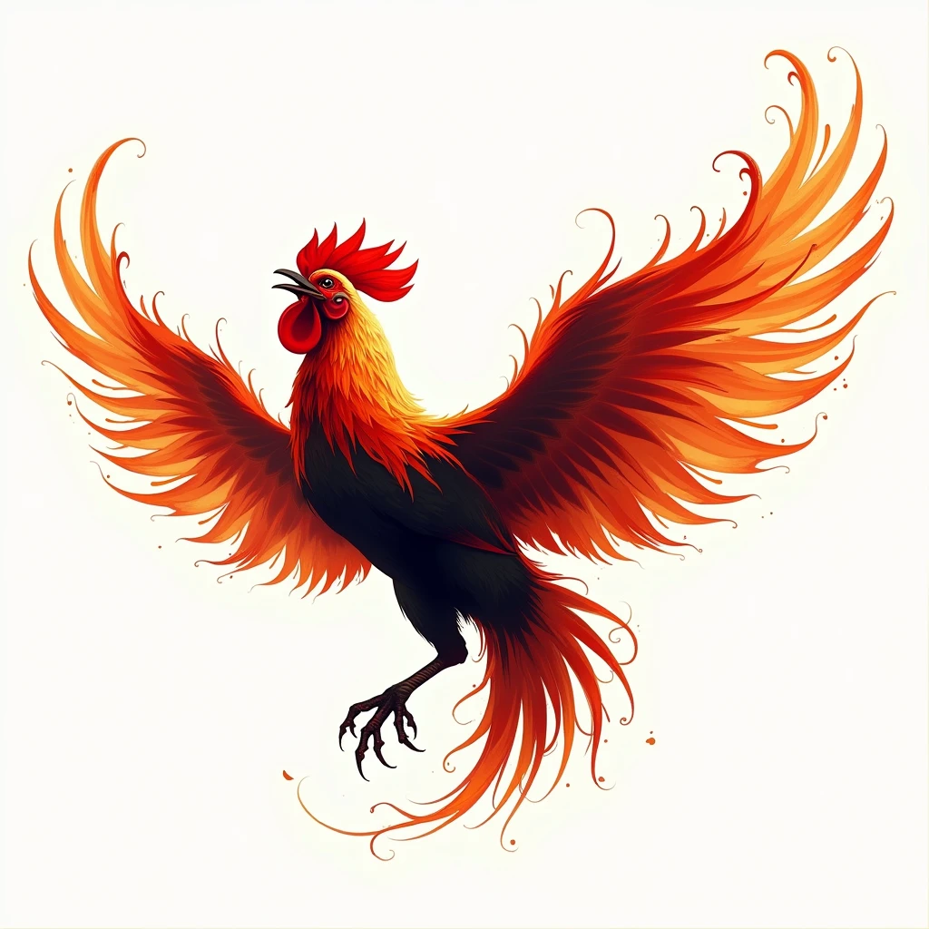 A vector art of a highly detailed flaming ink roster flying in the air spreading its wings
