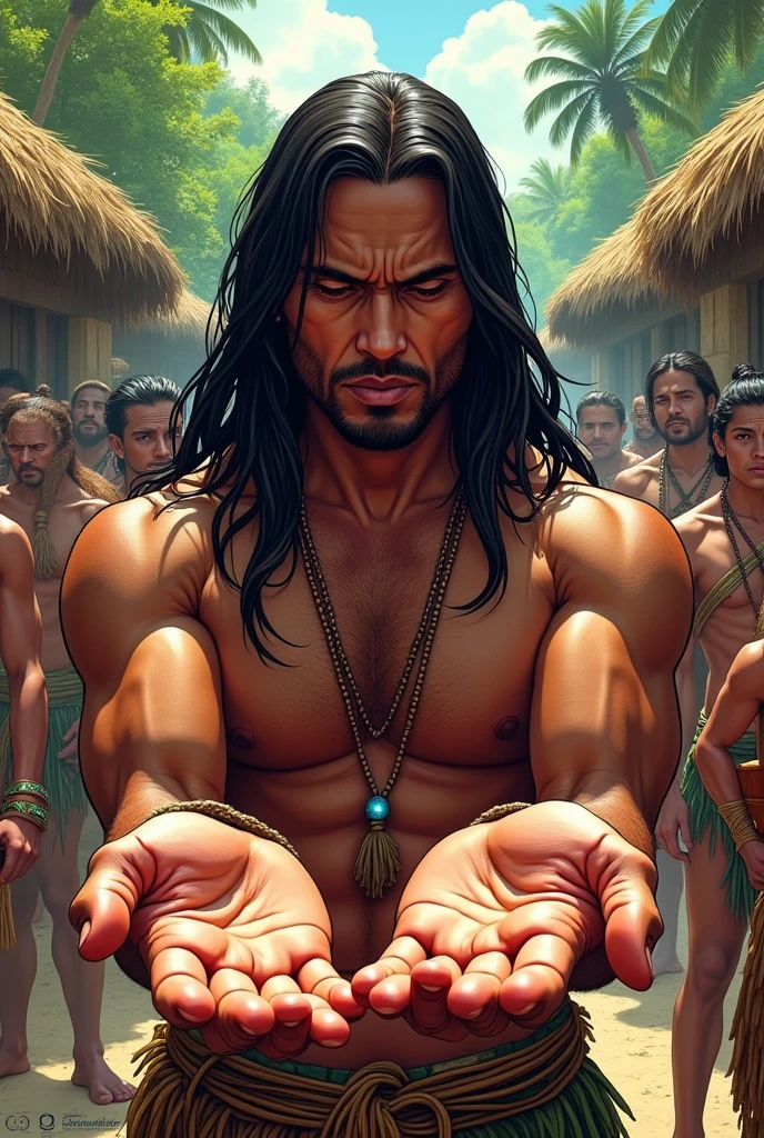 An indigenous man without upper garments with long straight hair looking at his own hands in amazement, in the background of the image there is a village with several people dressed in straw and leaves, comic book style, the scene contains vibrant and quite striking colors.