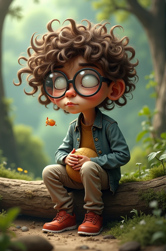 generate an image with a round glasses curly hair shitting a log with the title of tiça shits log
