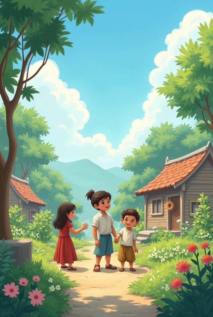 Scene 6: The MoralPrompt: A final scene showing a simple village or a peaceful garden with people helping each other, emphasizing the story’s moral about the importance of good deeds. The sky is clear, and the environment is calm and serene, symbolizing the peace that comes from living a life of kindness and generosity.