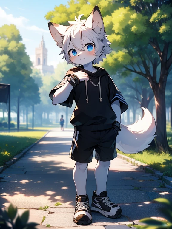 （best quality, Extremely detailed），juvenile，Junior high school students，Furry wolf，((Big blue eyes，Watery))，((Shota)), （(Black and white hair)）, Slender physique, Handsome，Lovely, Light：极致Light影, 反Light皮肤,Reddish skin，极致的面部detail，Sideways，Greeting the audience shyly，((Worn black clothes，Commoner)，Black sports shorts with white trim，White socks)），（Black sneakers，Red laces，The left hand wears the watch） ，((Deep in the Park，Cobblestone Road，Alone))，Outdoor sunset，((detail))，（Depth of Field），stand up，Height 1.7 meters，full-body shot，Panorama
