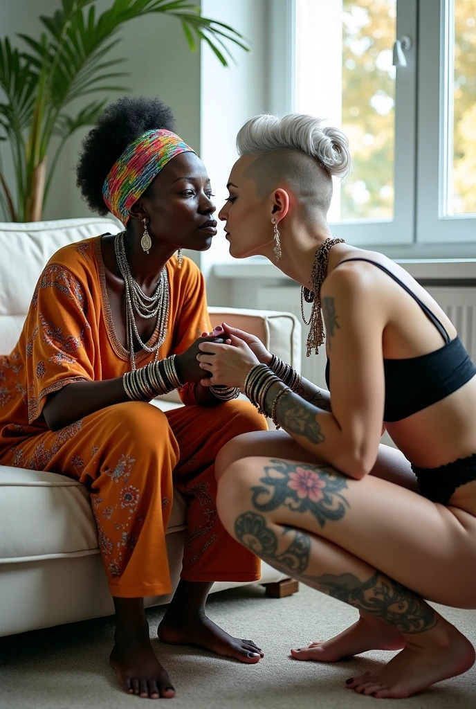 Two women. African old wrinkled milf  woman lounging lazily on a sofa with separated legs, afro hairdo, serious face, wearing traditional colourful african clothes, barefoot,. A weak caucasian german milf woman is keeling at her feet, stretching her neck to kiss the hands of the black woman. Caucasian woman: fully tattoed except her face, very thin, light grey hair, light green eyes, pale face, pale neck, pale chest, pale arms, pale hands, pale stomach, pale legs and feet) in chic rock fashion: pompadour hairstyle with top bun and shaved sides, colourful bandana as headboard, a lot of metallic necklaces and pendants, a lot of wide metallic bracelets, black lace push up bra, low rise black lace thong, chains as belts, squatting with arms on knees, passive facial expression with open mouth, arched back humbly, stretching her neck to kiss her girlfriend eagerly, big square sunglasses, thin neck, thin arms, thin legs, well toned abdominals. In an apartment decorated in Scandinavian style. Natural light