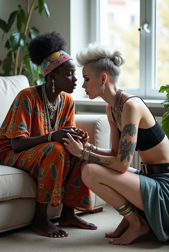 Two women. African old wrinkled milf  woman lounging lazily on a sofa with separated legs, afro hairdo, serious face, wearing traditional colourful african clothes, barefoot,. A weak caucasian german milf woman is keeling at her feet, stretching her neck to kiss the hands of the black woman. Caucasian woman: fully tattoed except her face, very thin, light grey hair, light green eyes, pale face, pale neck, pale chest, pale arms, pale hands, pale stomach, pale legs and feet) in chic rock fashion: pompadour hairstyle with top bun and shaved sides, colourful bandana as headboard, a lot of metallic necklaces and pendants, a lot of wide metallic bracelets, black lace push up bra, low rise black lace thong, chains as belts, squatting with arms on knees, passive facial expression with open mouth, arched back humbly, stretching her neck to kiss her girlfriend eagerly, big square sunglasses, thin neck, thin arms, thin legs, well toned abdominals. In an apartment decorated in Scandinavian style. Natural light