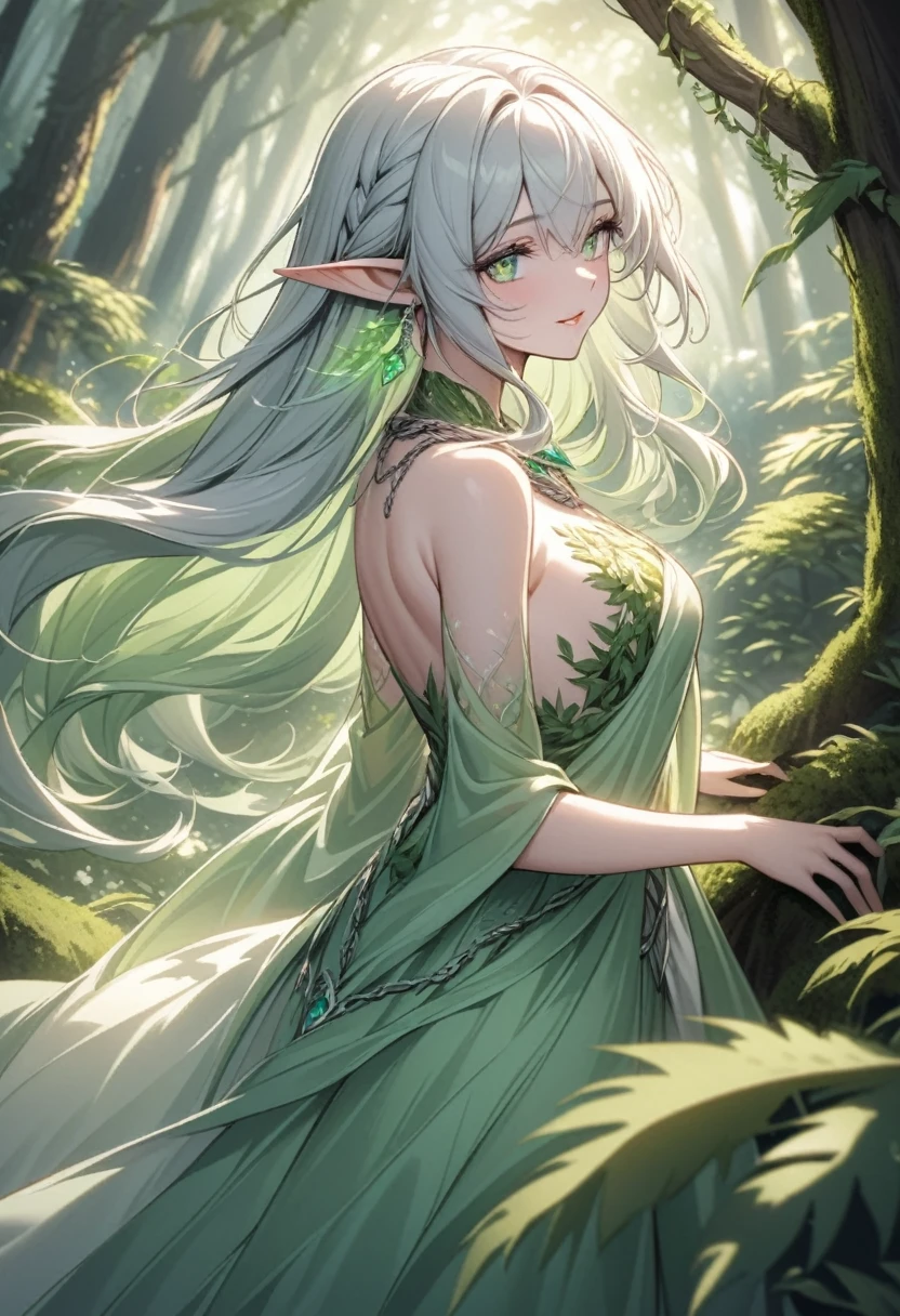 masterpiece, superb painting, Illustrations, 1 girl, cute, (dynamic light: 1.2), cinematic light, delicate facial features, (beautiful eyes: 1.2), (bright green eyes: 1.233), waterfall braid, extra long white hair, elf ears, depth of field, background bokeh, clear focus, (super detailed, halo, glow: 1.4), long white hair, beautiful girly face, fair, medium, glowing body, (bare shoulders: 1.1), (nudity: 1.1), dress, trimmed white, Delicate and gorgeous, (slit sleeves, wide sleeves), grass god eyes