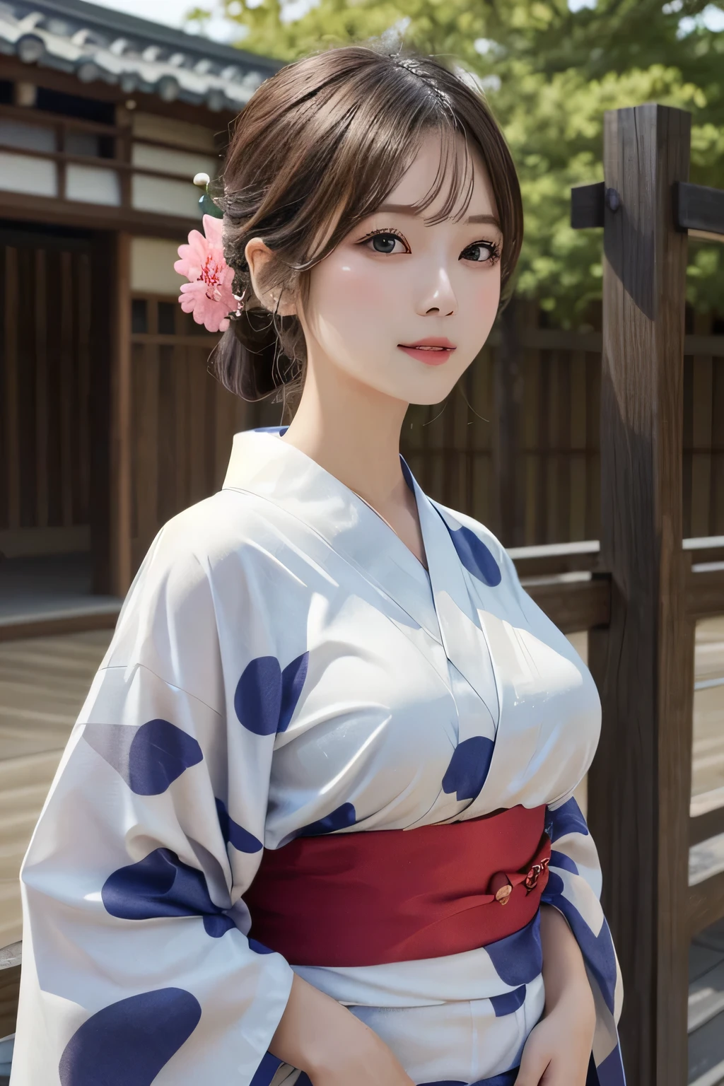 One Girl, 1 person,Highest quality,High resolution,超High resolution,8k,Realistic,Upper Body,encounter_audience,Large Breasts, the body is slim,(Yukata:1.2),
