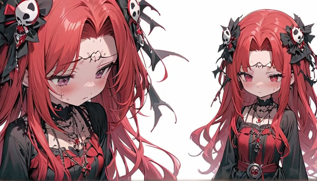 Highest quality, Learning, Detailed Hair, High resolution, (((itch))),1 person, necklace, hair ornaments, kawaii, (Beautiful Face), Red clothes, Small breasts, Red Hair, Are standing,Medusa, White background