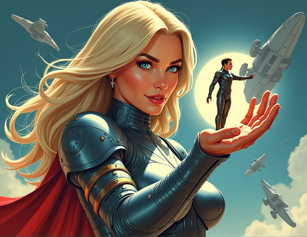 comic book art, cores vintage, Women's Galactic Army, long blonde hair, blue colored eyes, high-tech armor, science fiction spaceship she holds in the palm of her hand a tiny human man, smaller than your fingers