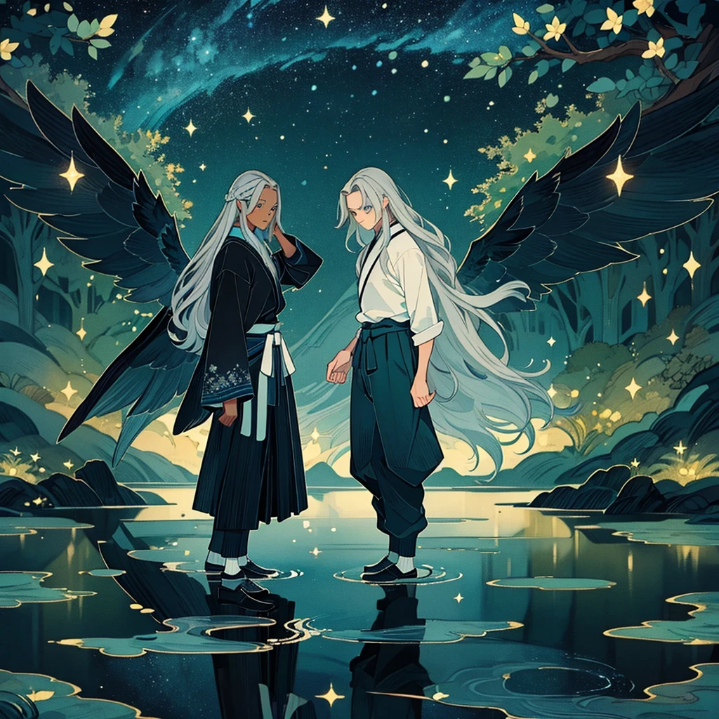 1 Solo man with black skin and silver hair, medium wavy hair. Bright sky blue eyes. Green branches with elongated leaves on the head. preto sweater, Hakama pants, belt at the waist with bag. a large pair of wings. Dark blue with green sparkles reminiscent of a starry night sky Mystical atmosphere, delicate brushwork, magical scenery, Peaceful and serene. detailed clothing. nature background.