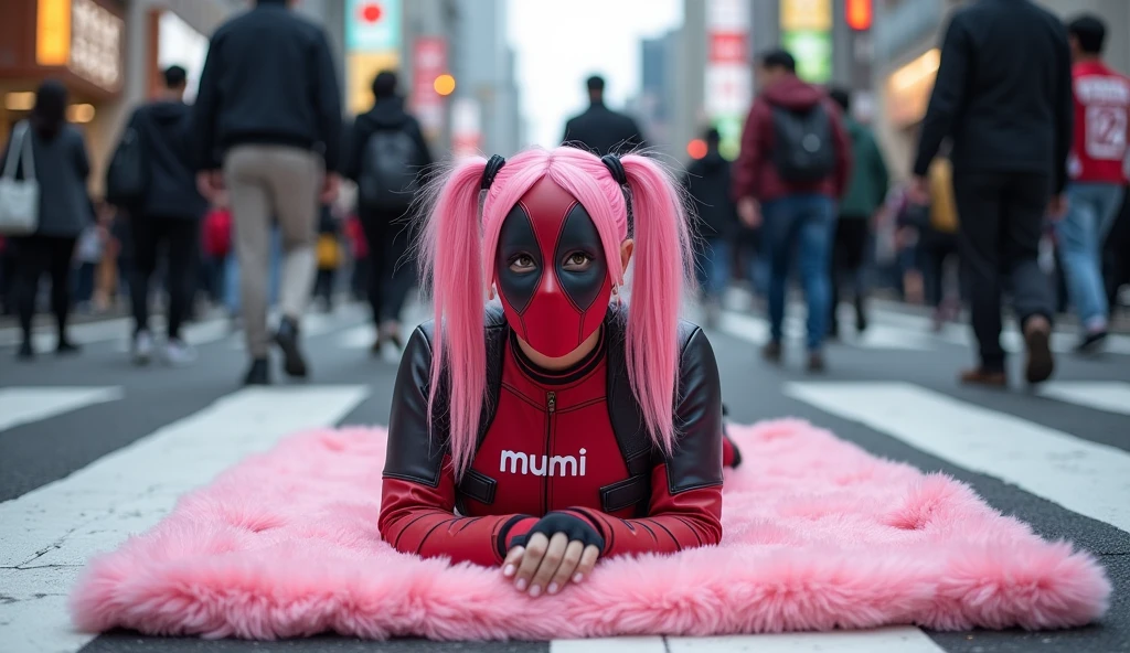 ((Highest quality)), ((masterpiece)), (photograph), ((Japanese women)), ((Deadpool costume and mask)), (((On his chest, he has the word "mu mi" written in white letters.))), Deadpool woman with pink hair and twin tails, Lying on a fluffy pink bath mat at Tokyo's Scramble Crossing, Surrounded by passers-by。