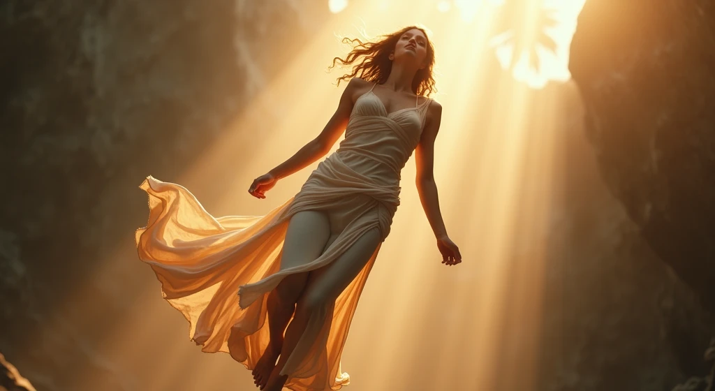 Full body greek beautiful woman floating in air, wearing rich yet simple greek dress, her skin glowing, proportionally curved body and firm breasts Fully developed, a blurry hallo is seen behind her head, realistic cinematic HD.