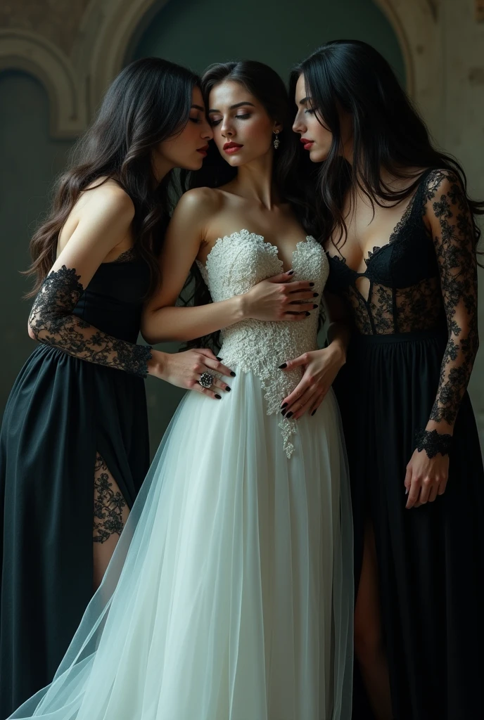 Masterpiece,
Beautiful bride in white dress seduced by alluring lesbian vampires, evil, gothic black lace dress, flattering, cleavage, Long Hair, kiss, kissing, bride turning into vampire, evil aura, dark, evil, sexy, (full body)