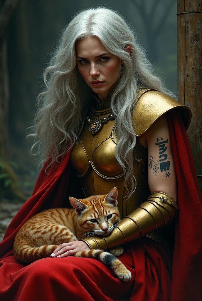 An old woman with long gray hair and a tattoo on her arm that says RAW wearing a red cape and a golden armor with a wild cat on her lap