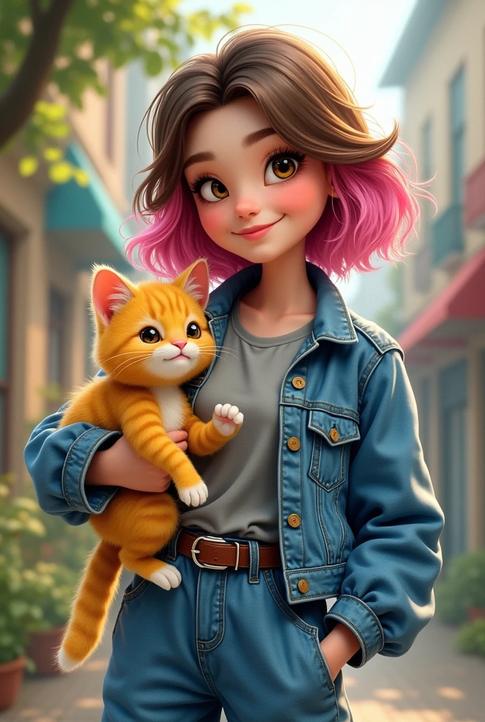 one with brown hair and pink highlights, of jacket and pants jeans, a gray t-shirt, glad, along with a yellow cat