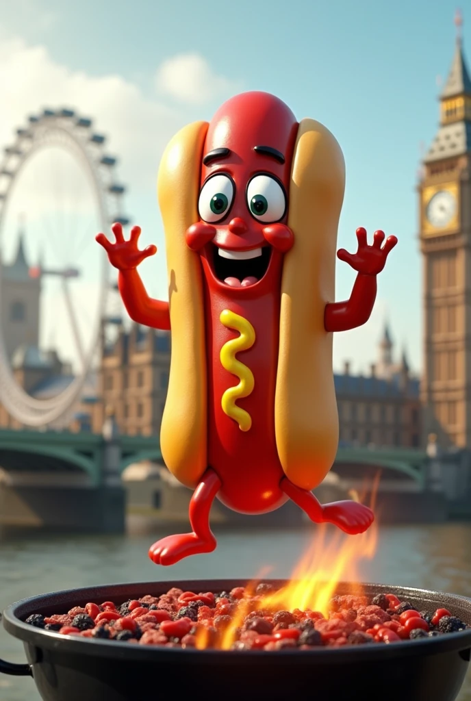 A hot dog snack doll on a grill jumping and talking come to London snacks