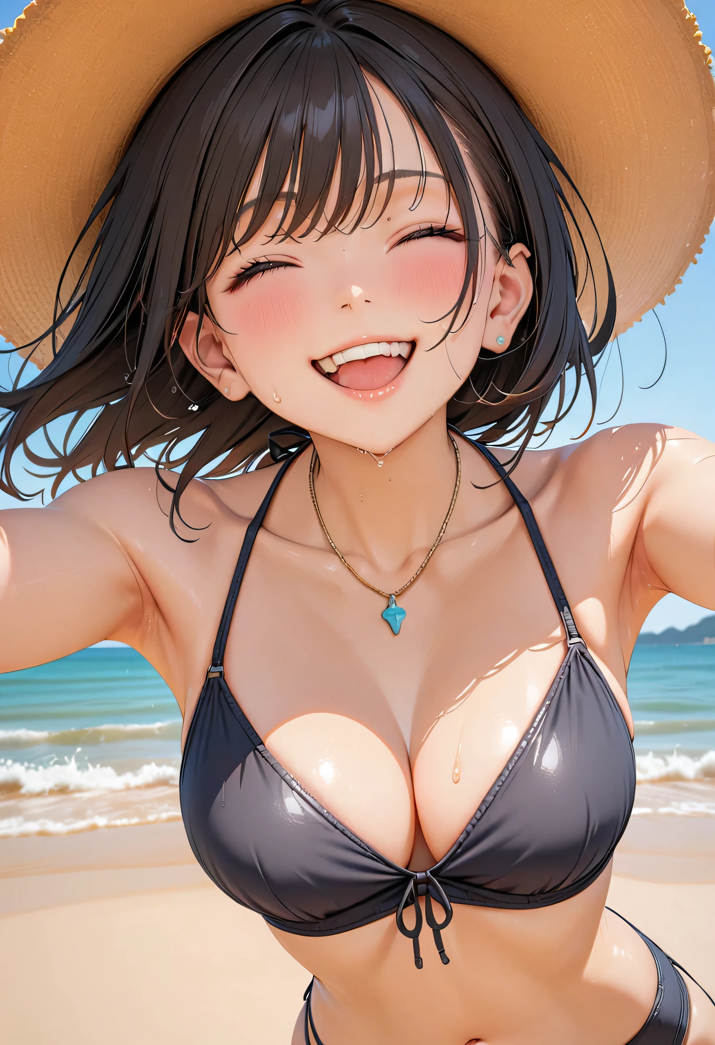 (Highest quality:1.2, Very detailed, Latest, Vibrant, masterpiece:1.2, Highest quality, Best aesthetics), smile, ((Face Up Shot:1.4)), 1980s style, 8K Ultra HD, Background Blur, smile, One Woman, Woman in bikini, Strong sunlight, Seaside, sunny, Summer sunshine, Wet Skin, Sandy Beach, Dynamic Angle, Get excited