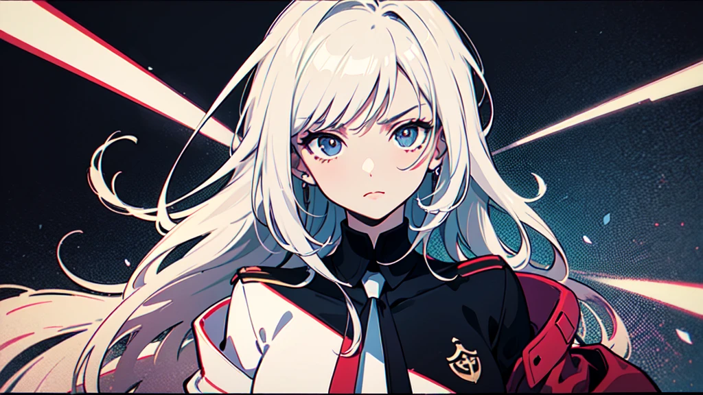 990s aesthetic, featuring a young woman with long, light-colored hair and red, horn-like protrusions on her head. The character should be wearing a school uniform consisting of a white shirt, black tie, and a dark jacket draped over her shoulders. Her expression should be calm and serious, with sharp, detailed eyes that capture a sense of depth and emotion. The art style should reflect the 90s anime aesthetic, with clean lines, soft shading, and a slightly muted color palette. The background should be simple, perhaps an indoor setting with soft lighting that highlights the character, keeping the focus on her detailed facial features and expressive

Background is a neon-lit city. Angle is bust-up.