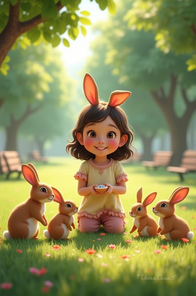 one girl feeding rabbits in a park which makes her happy 