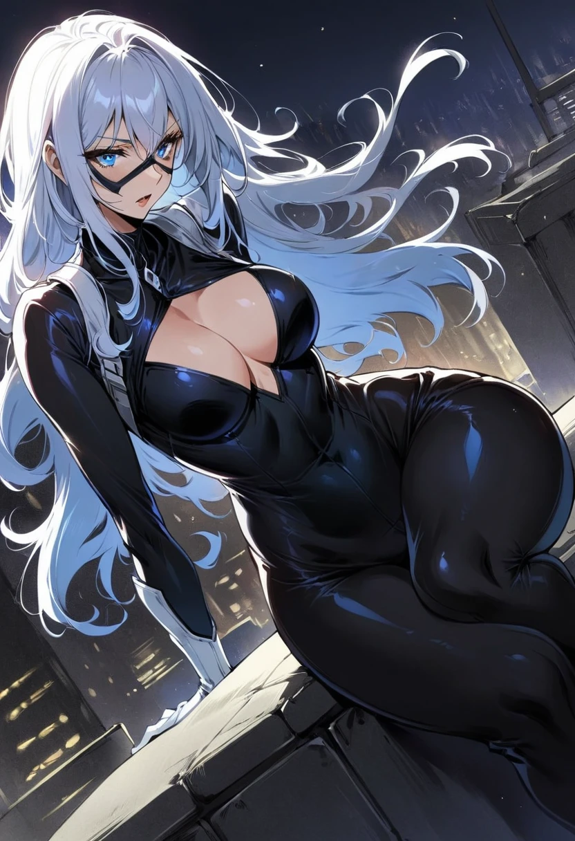 (high quality, 4K, high contrast, artwork:1.2), best aesthetics, (dynamic angle), BREAK ((1 woman)), a white hair woman in a ((black bodysuit)) and small mask, long wavy white hair, blue eyes, BREAK erotic, sensual, mature body, super detailed, highly detailed face, highly detailed eyes, highly detailed mouth, BREAK sexy body, perfect breasts, medium breasts, perfect wide thighs, cleavage, BREAK white gloves, white fur details around the neckline and gloves, sensual facial expression, BREAK action poses, dynamic poses, New York City rooftop, sitting, legs crossed, dimly lit, midnight.