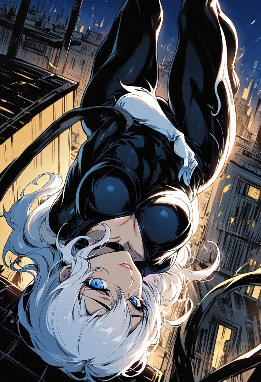 (high quality, 4K, high contrast, artwork:1.2), best aesthetics, (dynamic angle), BREAK ((1 woman)), a white hair woman in a ((black bodysuit)) and small mask, long wavy white hair, blue eyes, BREAK erotic, sensual, mature body, super detailed, highly detailed face, highly detailed eyes, highly detailed mouth, BREAK sexy body, perfect breasts, medium breasts, perfect wide thighs, cleavage, BREAK white gloves, white fur details around the neckline and gloves, sensual facial expression, BREAK action poses, dynamic poses, New York City rooftop, sitting, legs crossed, dimly lit, midnight.