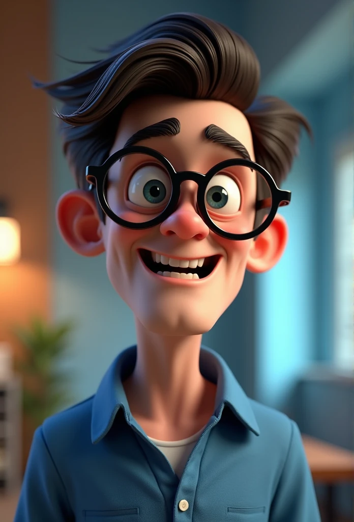 Cartoon character of a man in black glasses and blue shirt, animation character, stylized character, animation style rendering, 3d stylized, Arnold Maya rendering, Stylized 3D rendering, toon render screenshot, 3d character, 3d character, Stylized 3D rendering, 3D character rendering, cartoon character, Personagem de close up, character posing, (Pixar-style) (master part:1.2) (bokeh) (best qualityer) (skin detailed) (detailed texture) (8k) (Argilla) (cinematic lighting) (sharp focus