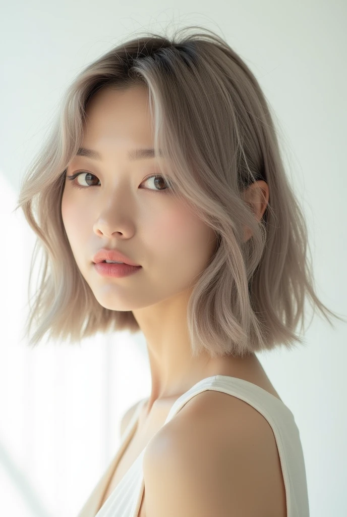 Hair catalogue of fashionable Japanese girls with beige ash hair in Omotesando　Natural light on a white background