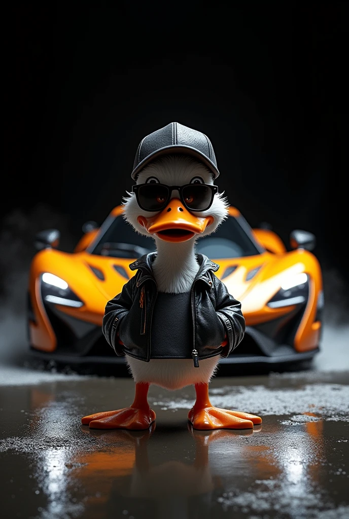 Create a duck with sunglasses and a cap, the duck that has a bad guy style with a big sports car with foam or something in the black background, this is for my car wash business