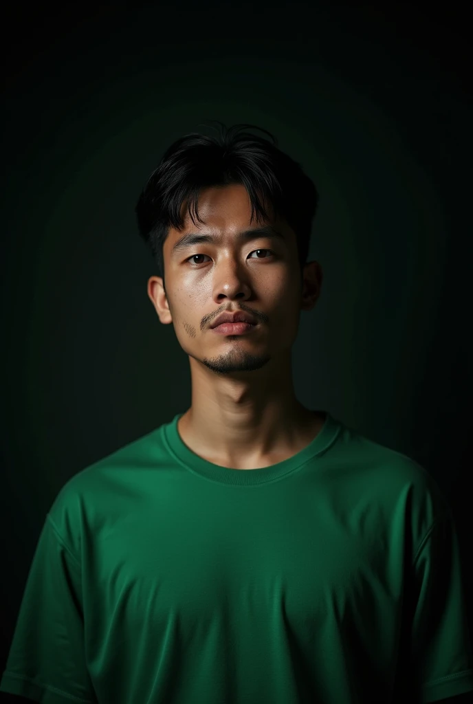 Man in green t-shirt on black background, short black hair, on dark black background, detailed, photo 4k